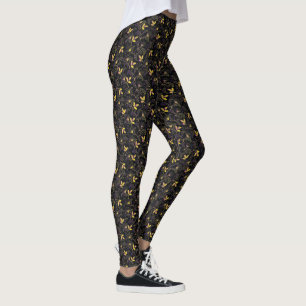 Yellow and Purple Abstract Floral on Black Back Leggings