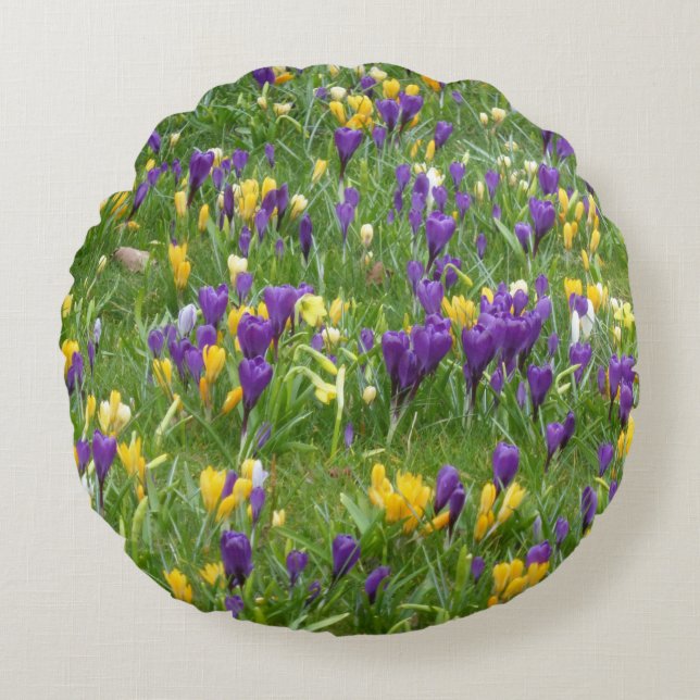 Yellow and Purple Crocuses Round Pillow (Front)