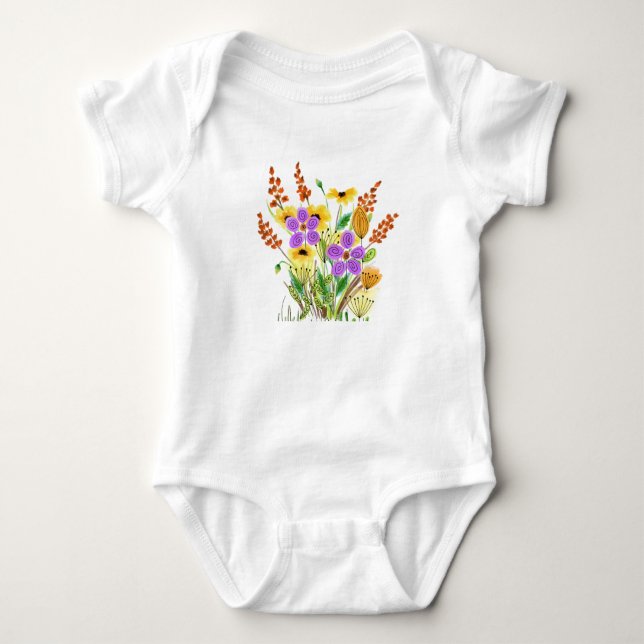 Yellow and Purple Flowers Baby Girl  Baby Bodysuit (Front)