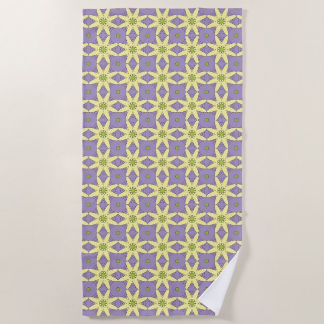 Yellow and purple geometric floral patterned  beach towel (Front)