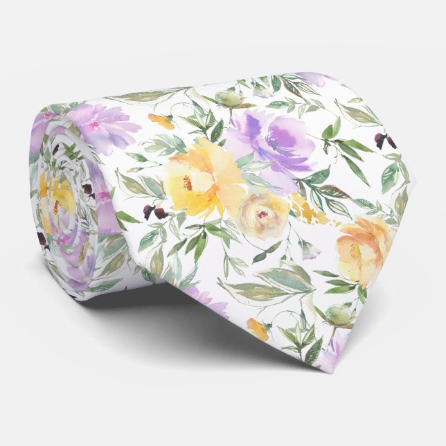 Yellow and Purple Lavender Watercolor Roses Floral Tie (Rolled)
