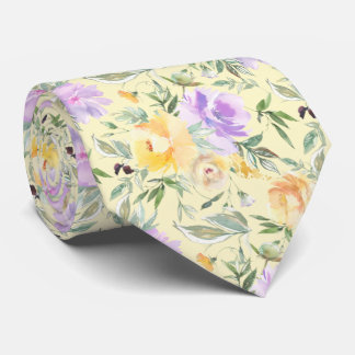 Yellow and Purple Lavender Watercolor Roses Floral Tie