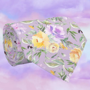Yellow and Purple Lavender Watercolor Roses Floral Tie