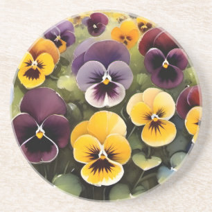 Yellow and purple pansies watercolor painting coaster