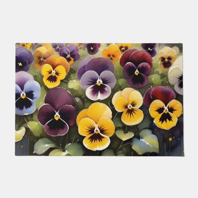 Yellow and purple pansies watercolor painting doormat (Front)