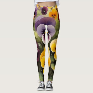 Yellow and purple pansies watercolor painting leggings