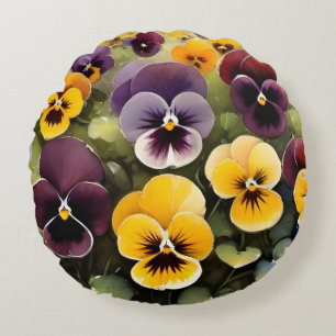 Yellow and purple pansies watercolor painting round cushion