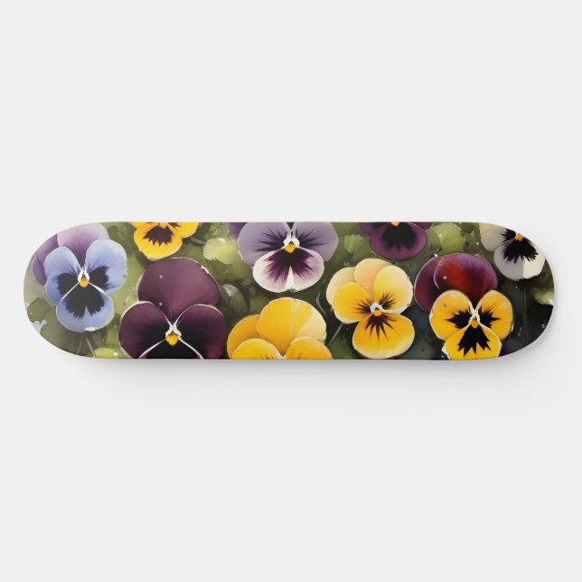 Yellow and purple pansies watercolor painting skateboard (Horz)
