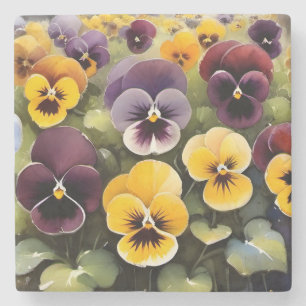 Yellow and purple pansies watercolor painting stone coaster