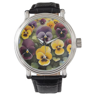 Yellow and purple pansies watercolor painting watch