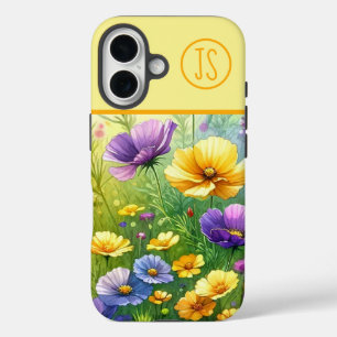 Yellow and Purple Wildflowers Monogrammed iPhone 16 Case