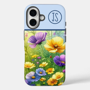 Yellow and Purple Wildflowers Monogrammed iPhone 16 Case