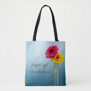 yellow and red flowers on blue for this tote bag