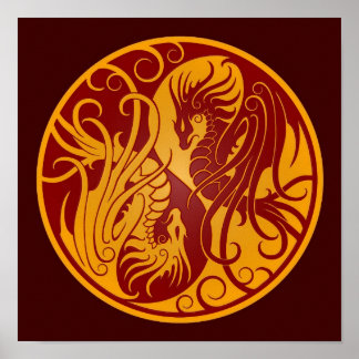 Yellow and Red Flying Yin Yang Dragons Poster