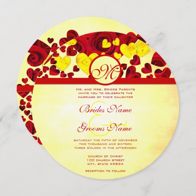 Yellow and Red Heart Gold Roses Wedding Invitation (Front/Back)