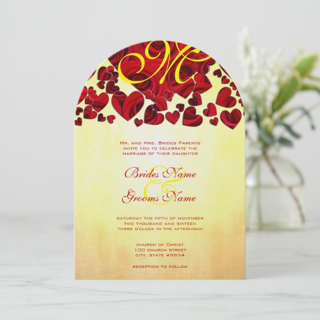 Yellow and Red Heart Roses Wedding Invitation (Standing Front)