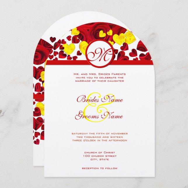 Yellow and Red Heart Roses Wedding Invitation (Front/Back)