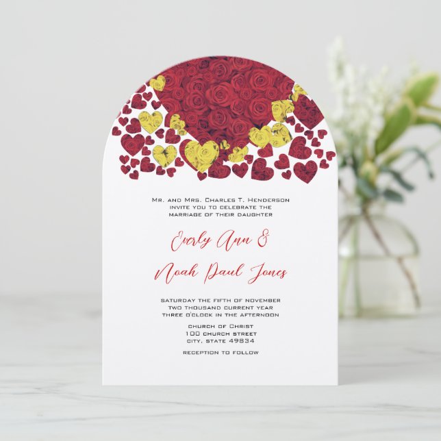 Yellow and Red Heart Roses Wedding Invitation (Standing Front)