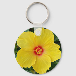 Yellow and Red Hibiscus Round Keychain