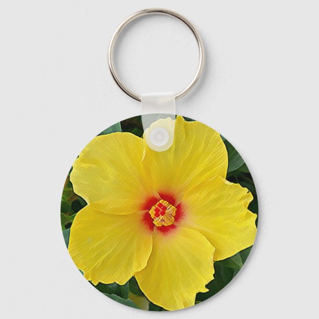 Yellow and Red Hibiscus Round Keychain (Front)