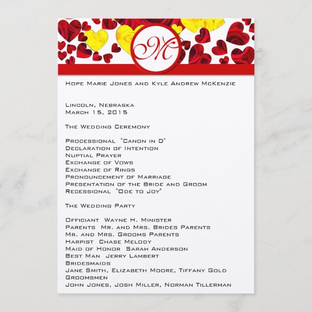 Yellow and Red Roses Wedding Program Programme (Front)