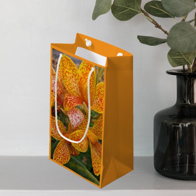 Yellow and Red Speckled Canna Lily Floral Small Gift Bag (In Situ)