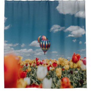 Yellow and red tulip flowers under hot air balloon shower curtain