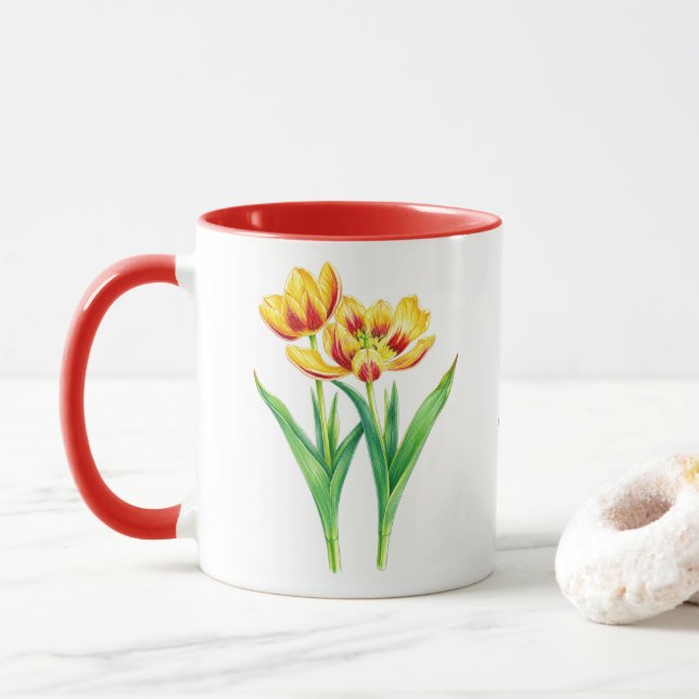 Yellow and Red Tulips Comic Mug (With Donut)