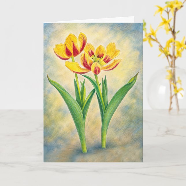 Yellow and Red Tulips Folded Greeting Card (Yellow Flower)