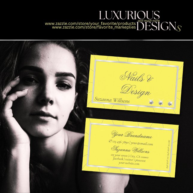 Yellow and Silver Frame with Diamonds Luxe Glam Business Card (Creator Uploaded)