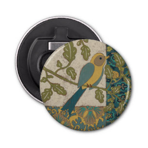 Yellow and Teal Blue Bird Perched on a  Branch Bottle Opener