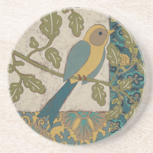 Yellow and Teal Blue Bird Perched on a  Branch Coaster (Front)