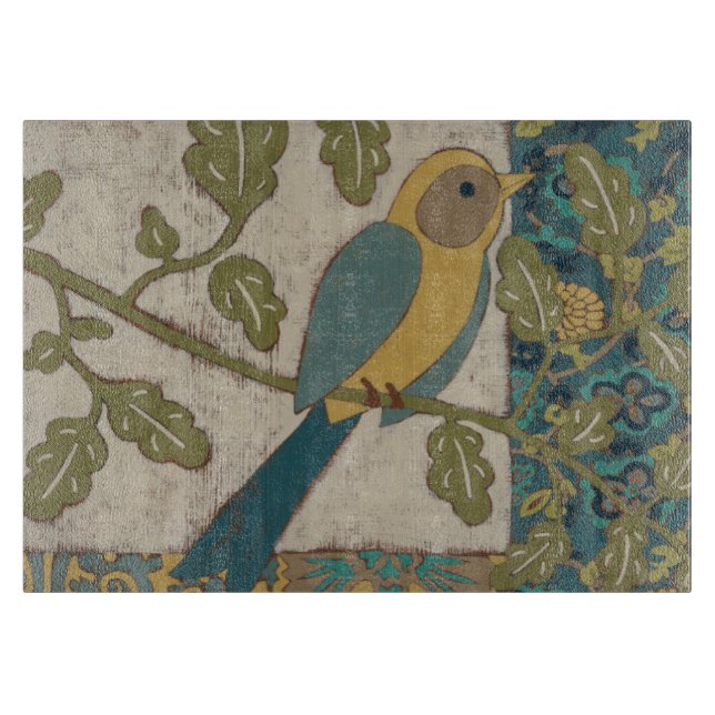 Yellow and Teal Blue Bird Perched on a  Branch Cutting Board (Front)