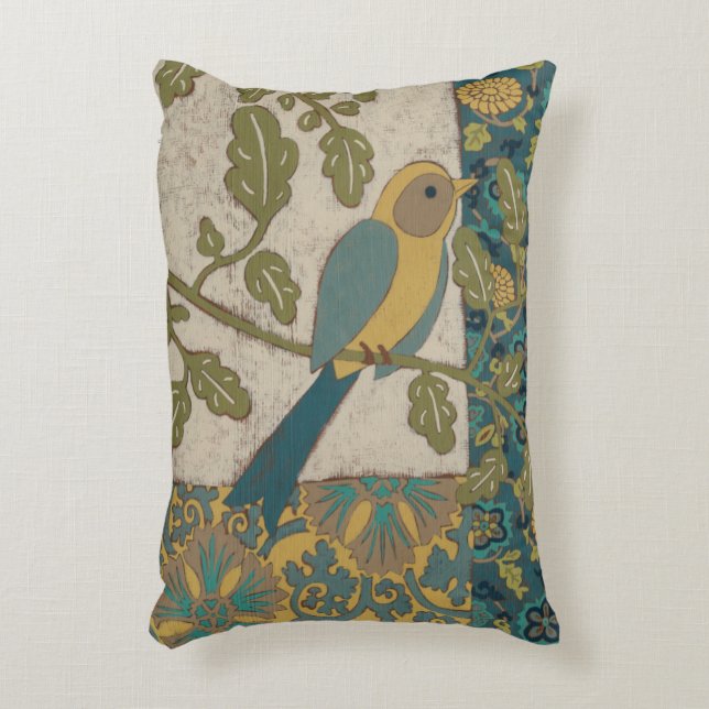 Yellow and Teal Blue Bird Perched on a  Branch Decorative Cushion (Front(Vertical))