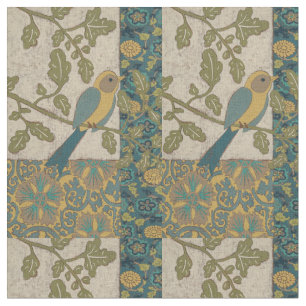 Yellow and Teal Blue Bird Perched on a Branch Fabric