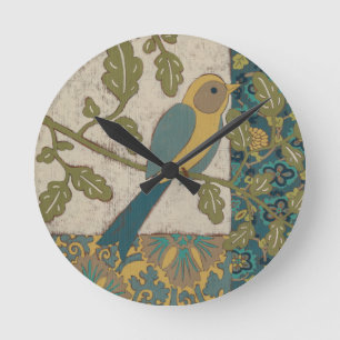 Yellow and Teal Blue Bird Perched on a  Branch Round Clock