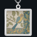 Yellow and Teal Blue Bird Perched on a  Branch Silver Plated Necklace<br><div class="desc">This beautiful painting of a yellow and teal blue bird on a branch would fit perfectly to any Zazzle product. The collage-inspired painting by Chariklia Zarris is composed of many different patterns,  flowers and leaves. Get yours today!</div>