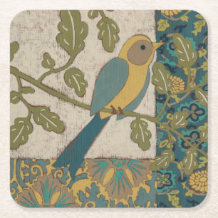 Yellow and Teal Blue Bird Perched on a  Branch Square Paper Coaster
