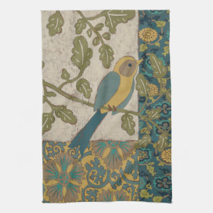 Yellow and Teal Blue Bird Perched on a  Branch Tea Towel