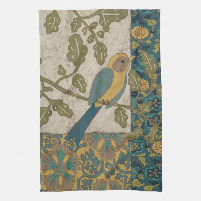 Yellow and Teal Blue Bird Perched on a  Branch Tea Towel (Vertical)