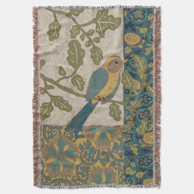 Yellow and Teal Blue Bird Perched on a  Branch Throw Blanket (Front Vertical)