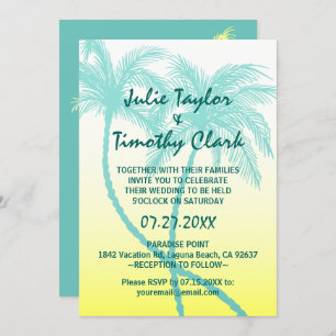 Yellow and Teal Blue Palm Tree Wedding Invitations