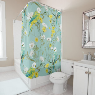 Yellow and Teal Budgerigars Shower Curtain