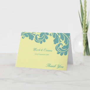Yellow and teal damask wedding Thank you card