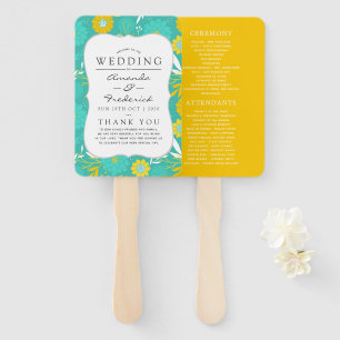 Yellow and Teal Floral Wedding Program Hand Fan