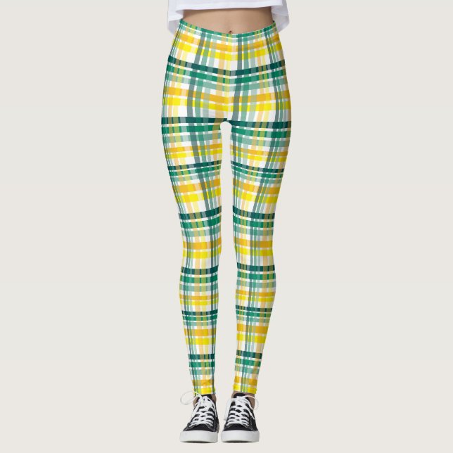 Yellow And Teal Plaid Leggings (Front)