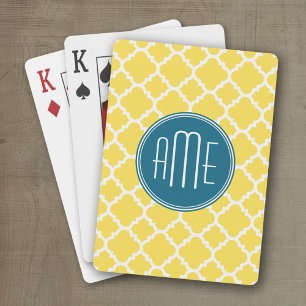 Yellow and Teal Quatrefoil Pattern Custom monogram Playing Cards