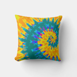 Yellow and Teal Spiral Tie Dye Pillow