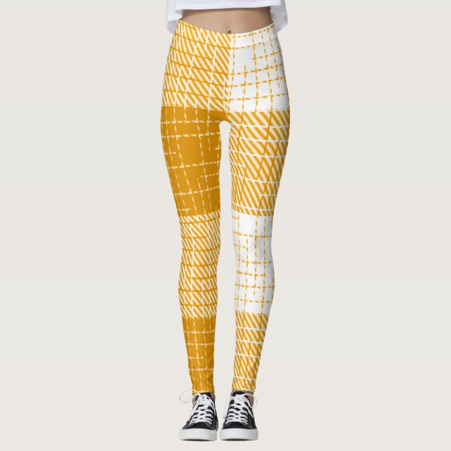 Yellow and White Bold Checkered Plaid Design  Leggings (Front)