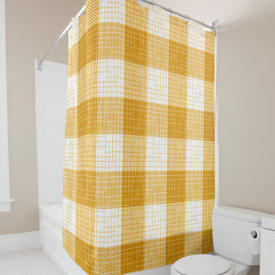 Yellow and White Bold Checkered Plaid Design  Shower Curtain
